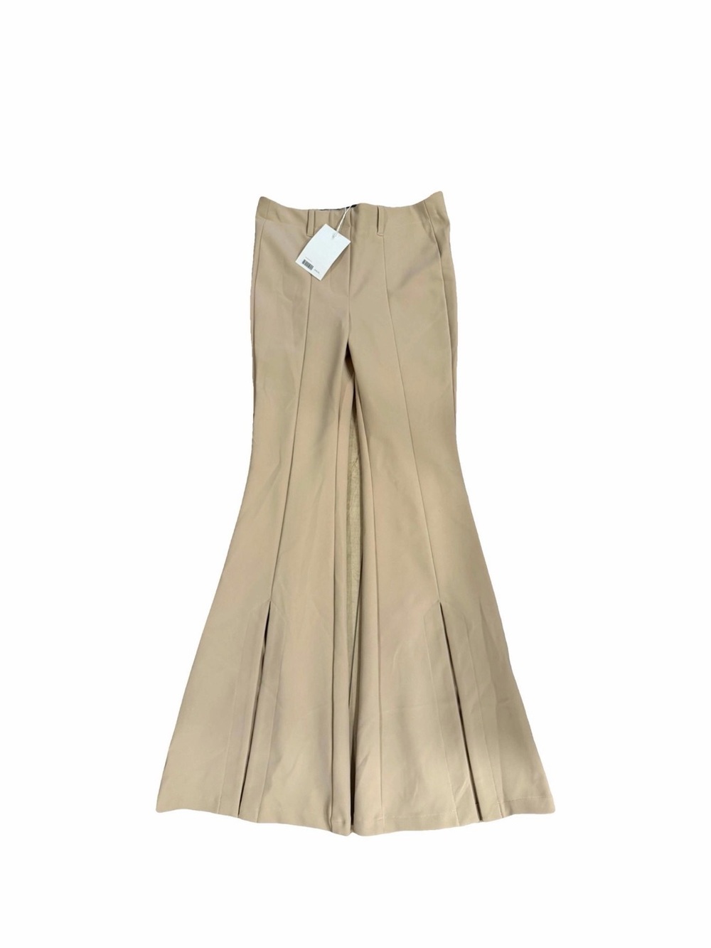 High-Waist Beige Flare Pants with Front Pleats